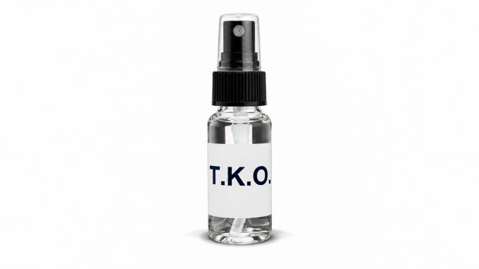 Apex TKO pheromone spray for men in a clear 10 mL glass bottle with a black spray atomizer, transparent cap, and white T.K.O. label against a white background.