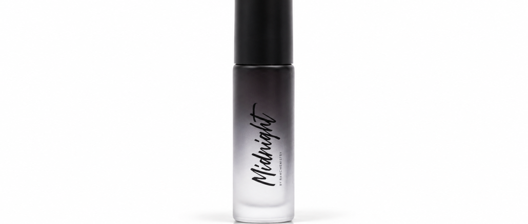 RawChemistry Midnight Pheromone Roll-On cologne in a frosted gradient glass bottle with a tall matte-black cap, black Midnight script lettering, and RawChemistry branding against a white studio background.