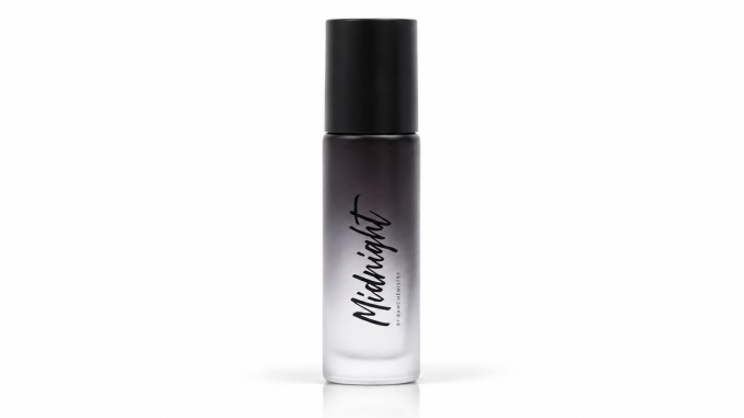 RawChemistry Midnight Pheromone Roll-On cologne in a frosted gradient glass bottle with a tall matte-black cap, black Midnight script lettering, and RawChemistry branding against a white studio background.
