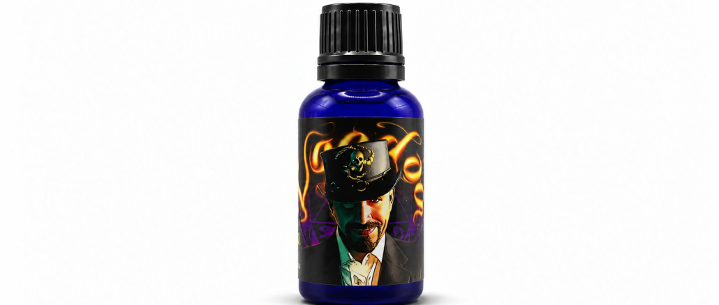 Liquid Alchemy Labs VooDoo pheromone cologne in a blue glass bottle with black cap and illustrated voodoo-themed label.