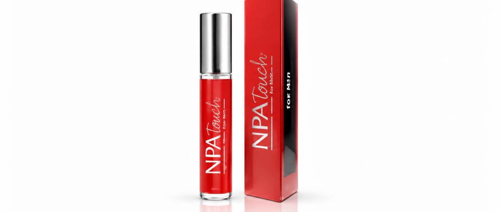 LaCroy NPA Touch for Men pheromone spray in a slim red bottle with silver cap, displayed beside its matching red-and-black retail box against a white studio background.