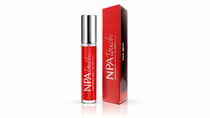 LaCroy NPA Touch for Men pheromone spray in a slim red bottle with silver cap, displayed beside its matching red-and-black retail box against a white studio background.