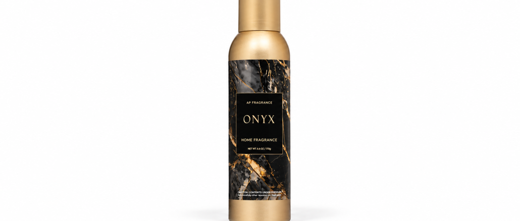 Apex ONYX fragrance spray in a tall gold cylindrical can with black marble-patterned label and gold ONYX lettering, photographed against a clean white studio background.