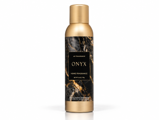 Apex ONYX fragrance spray in a tall gold cylindrical can with black marble-patterned label and gold ONYX lettering, photographed against a clean white studio background.
