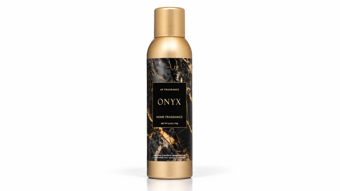 Apex ONYX fragrance spray in a tall gold cylindrical can with black marble-patterned label and gold ONYX lettering, photographed against a clean white studio background.
