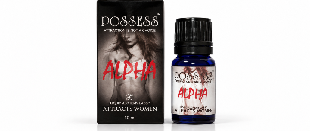 Liquid Alchemy Labs Possess Alpha men's pheromone cologne in a cobalt-blue glass bottle with black cap and red ALPHA label, displayed beside matching black retail packaging on a white background.