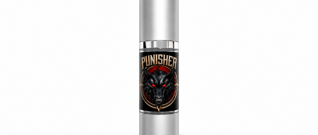 Aroma Fero Labs Punisher men's pheromone perfume in a silver spray bottle with black label, gold PUNISHER lettering, and a black wolf with glowing red eyes against a white background.