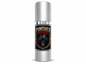 Aroma Fero Labs Punisher men's pheromone perfume in a silver spray bottle with black label, gold PUNISHER lettering, and a black wolf with glowing red eyes against a white background.