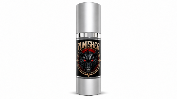 Aroma Fero Labs Punisher men's pheromone perfume in a silver spray bottle with black label, gold PUNISHER lettering, and a black wolf with glowing red eyes against a white background.