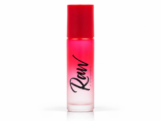 RawChemistry Raw Pheromone Roll-On cologne in a red-to-frosted-white gradient glass bottle with a bright red cap and black Raw script lettering, photographed against a clean white studio background.
