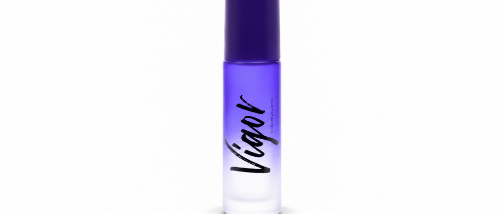RawChemistry Vigor pheromone cologne roll-on for men in a purple gradient bottle with a dark-purple cap and black Vigor logo, photographed against a white background.
