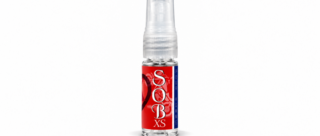 PheromoneXS SOB XS pheromone spray for men in a clear 10 mL bottle with a transparent spray cap, red SOB XS label, white lettering, and dark-blue side panel against a white background.