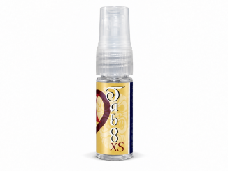 PheromoneXS Taboo XS pheromone spray for men in a clear 10 mL bottle with a transparent spray cap, gold decorative label, vertical Taboo lettering, and XS logo against a white background.