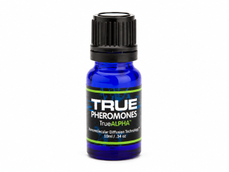 TRUE Alpha pheromone oil for men in a 10 mL cobalt-blue glass bottle with a black ribbed cap and black label featuring green accents.