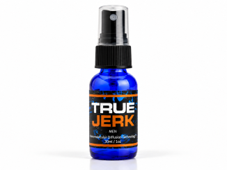 True Jerk Pheromones 30ml blue spray bottle with black cap and orange-accented label on white background.