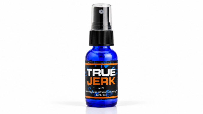 True Jerk Pheromones 30ml blue spray bottle with black cap and orange-accented label on white background.