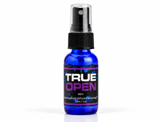True Open Pheromones 30ml blue spray bottle with black cap and purple-accented label on white background.