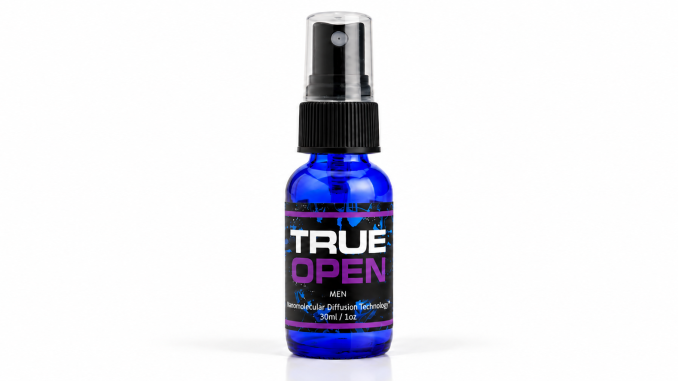 True Open Pheromones 30ml blue spray bottle with black cap and purple-accented label on white background.