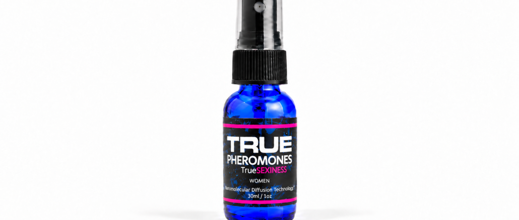 True Sexiness for Women Pheromones 30ml blue spray bottle with black cap and pink-accented label on white background.