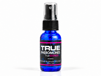 True Sexiness for Women Pheromones 30ml blue spray bottle with black cap and pink-accented label on white background.