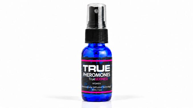 True Sexiness for Women Pheromones 30ml blue spray bottle with black cap and pink-accented label on white background.