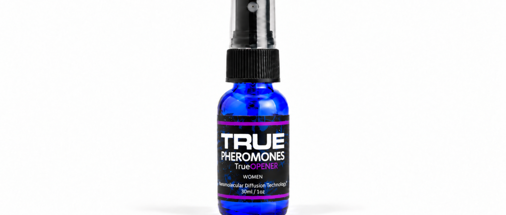 True Opener for Women Pheromones 30ml blue spray bottle with black cap and purple-accented label on white background.