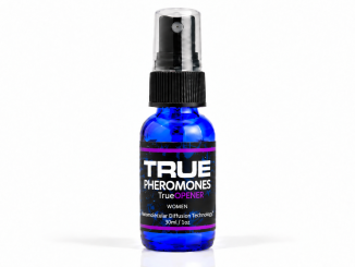 True Opener for Women Pheromones 30ml blue spray bottle with black cap and purple-accented label on white background.