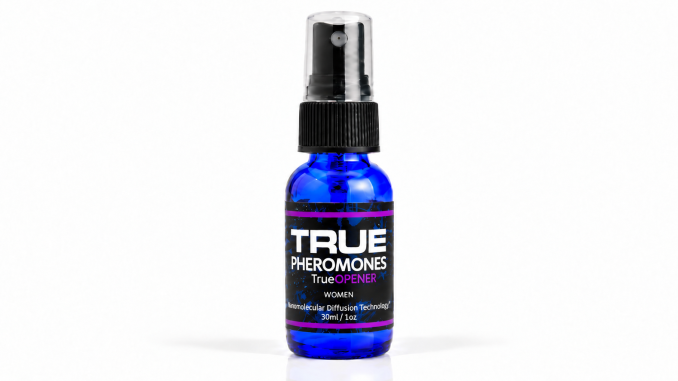 True Opener for Women Pheromones 30ml blue spray bottle with black cap and purple-accented label on white background.