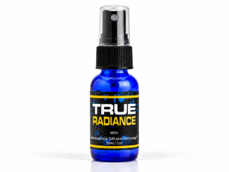 True Radiance Pheromones 30ml blue spray bottle with black cap and yellow-accented label on white background.