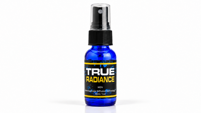 True Radiance Pheromones 30ml blue spray bottle with black cap and yellow-accented label on white background.