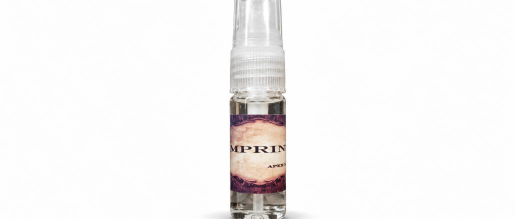 Apex Imprint pheromone spray for men in a clear 10 mL bottle with transparent spray cap and vintage parchment label against a white background.