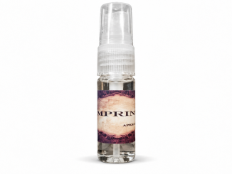 Apex Imprint pheromone spray for men in a clear 10 mL bottle with transparent spray cap and vintage parchment label against a white background.